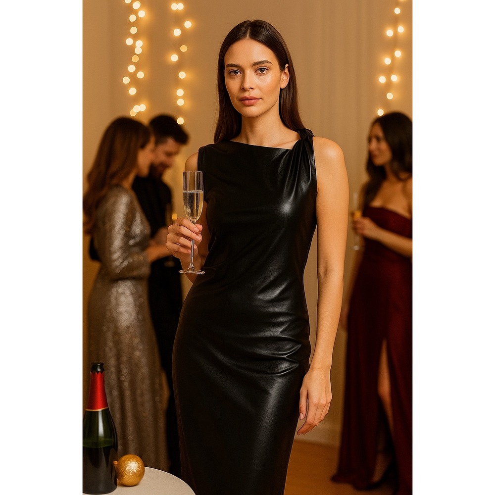 Micas Faux Leather One-shoulder neckline‎ maxi dress  Black size M